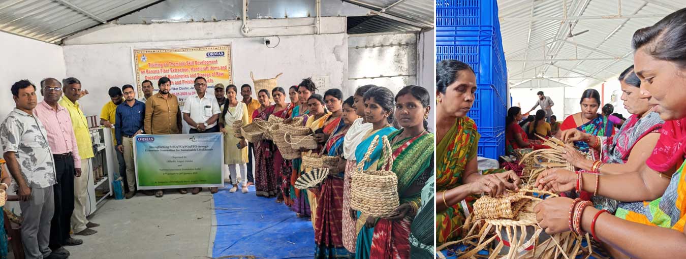 NIF-India & ORMAS, Angul conducted a 10-day banana fiber training in Odisha. Led by innovators PM Murugesan & Kishore Marathe, participants learned fiber extraction & crafted baskets, lamps & bags.