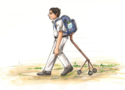 School bag with foldable wheeled legs to distribute load - Photo