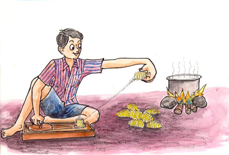 Image of Process of reeling cut or pierced muga cocoons to obtain continuous filament